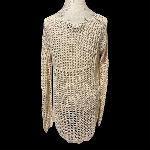 Crystal Kobe Boho Crochet Tunic Sweater Cream Minimalist Asymmetrical Hem Large - Picture 3 of 9